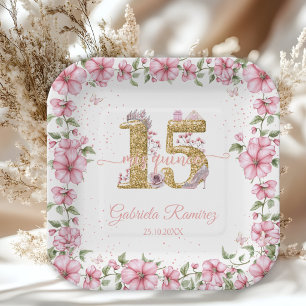 Rosafarbenes Goldenes Mis Quince Quinceañera Pappteller