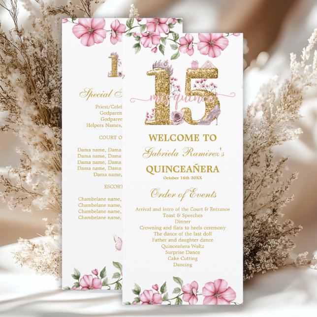 Rosafarbenes Goldenes Mis Quince Quiñceanera Programm (Von Creator hochgeladen)