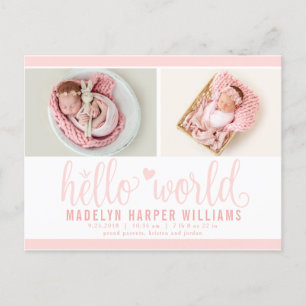 Rosafarbenes Hello World Foto-Geburtsstat Ankündigungspostkarte