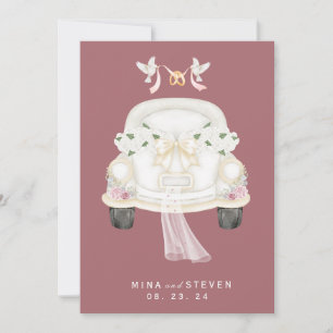 rosafarbenes Hochzeitsauto mit Blumen Save The Date