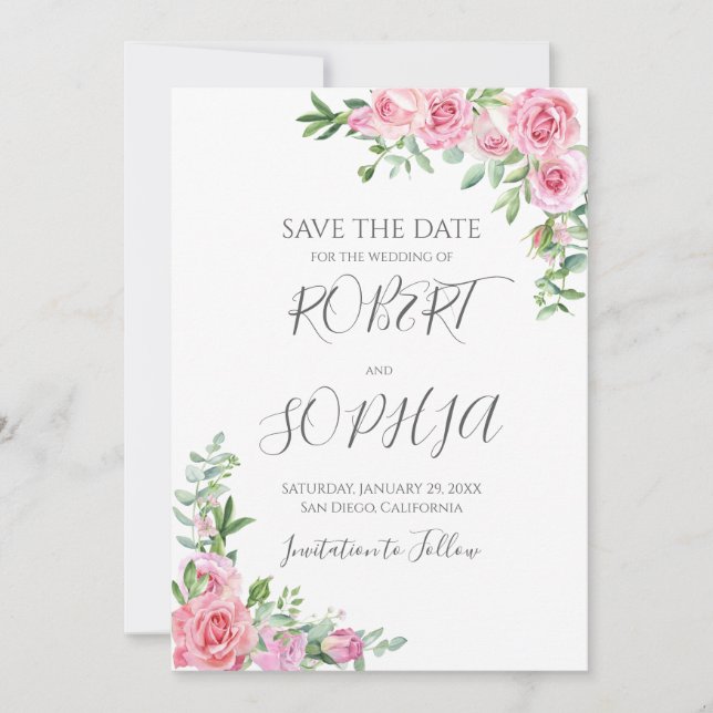 Rosafarbenes Hochzeitsblühen Save The Date (Vorderseite)