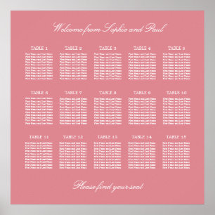 Rosafarbenes Hochzeitssitzplan-Poster für 15 Tisch Poster