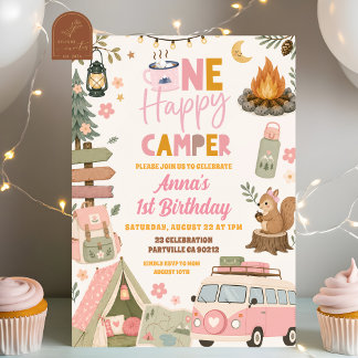 Rosafarbenes Mädchen Ein Glücklicher Camper Geburt Einladung