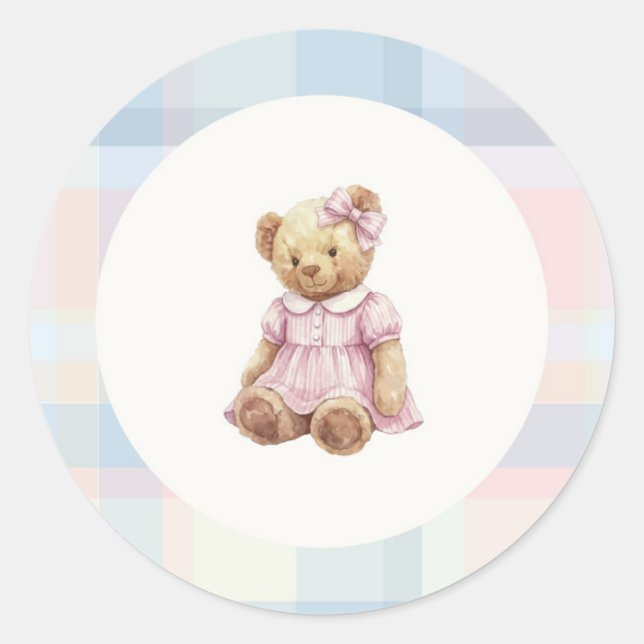 Rosafarbenes Mädchen-Teddybär-Aufkleber Runder Aufkleber (Vorderseite)