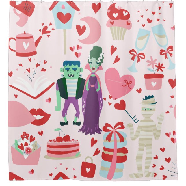 rosafarbenes Monster Valentinsbraut Frankenstein M Duschvorhang (Vorderseite)