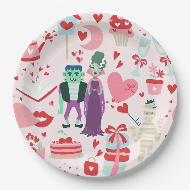 rosafarbenes Monster Valentinsbraut Frankenstein M Pappteller (Vorderseite)