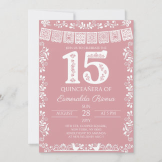 Rosafarbenes Papel-Picado-Quinceañera-15.-Geburtst Einladung