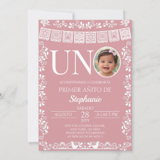 Rosafarbenes Papierblumen UNO Foto Erstes Geburtst Einladung