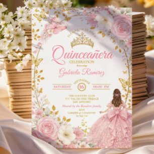 Rosafarbenes Quinceañera-Gold-Schmetterling-Einlad Einladung
