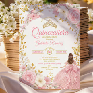 Rosafarbenes Quinceañera-Gold-Schmetterling-Einlad Einladung