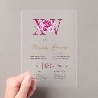 Rosafarbenes Quinceañera mit rosa Rose Acryleinladungen