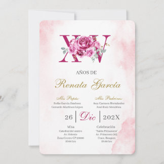 Rosafarbenes Quinceañera mit rosa Rose Einladung