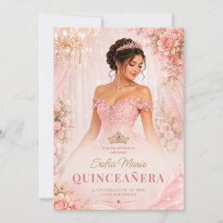 Rosafarbenes Quinceañera-Prinzessin 15. Geburtstag Einladung