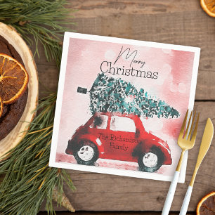 Rosafarbenes Retro-Rotes Auto Familienweihnachten Serviette