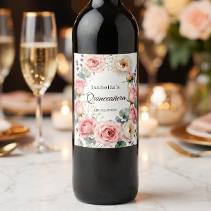 Rosafarbenes Rosen-Wasserfarben-Florales Quinceañe Weinetikett