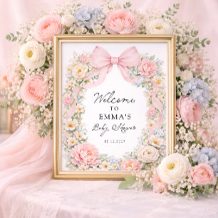 Rosafarbenes Schleifen-Blumen-Coquette-Baby-Shower Poster