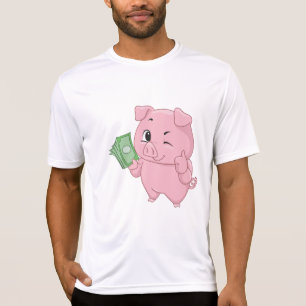Rosafarbenes Schwein mit Geldscheinen in der Hand, T-Shirt