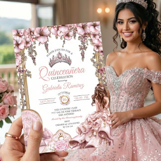 Rosafarbenes Silber-Tiara-Blumen-Quinceañera Einladung
