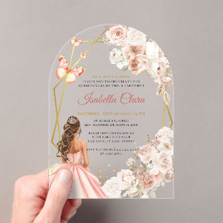 Rosafarbenes und goldenes florales Prinzessin-Quin Acryleinladungen