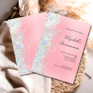 Rosafarbenes weißes Glitter-Glam-Bling-Quinceanera Einladung