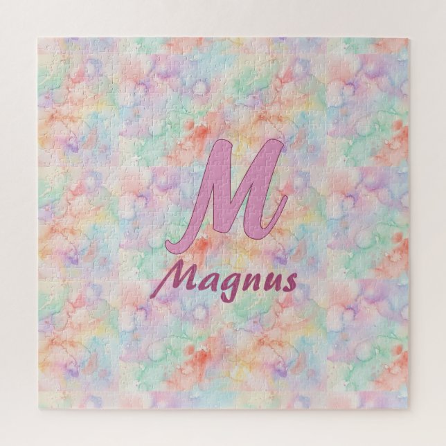 rosane blaue Wasserfarbe Pastell Monogramm Name Bu Puzzle (Vertikal)