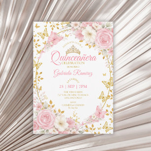Rosarot Quinceañera Goldene Schmetterlinge Rosen Einladung