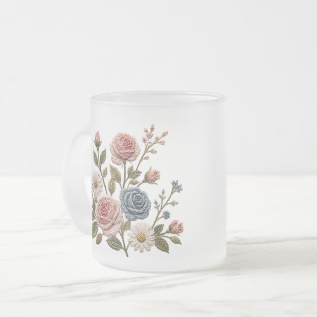 Rosarot und Blaue Gestickte Rosen Mattglastasse (Vorderseite Links)