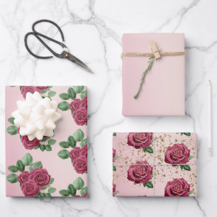 Rosarote Burgundergoldene Rosen Hochzeitsblätter Geschenkpapier Set