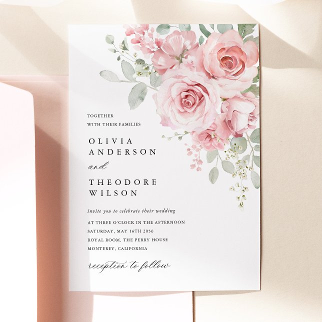 Rosarote Florale Hochzeit Einladung (Blush Rose Floral Wedding Invitation, Watercolor Blush Pink Rose Wedding Invite)