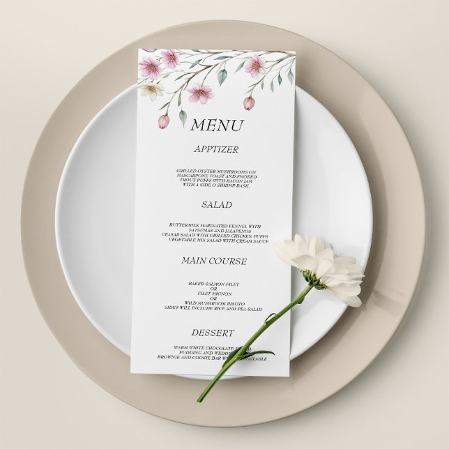 Rosarote Minze Flieder Frühlingsblumen Hochzeitsme Programm (Pink white mint lilac spring flower Wedding Menu)