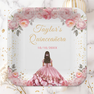 Rosarote Prinzessin Floral Quinceañera Pappteller