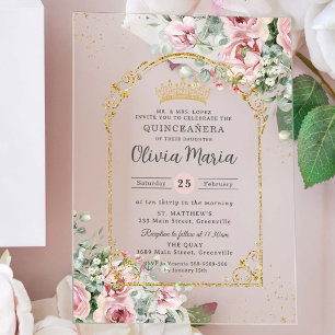 Rosarote Rosen Florale Goldene Quinceañera Sweet 1 Acryleinladungen