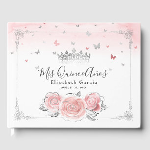 Rosarote Rosen Silberkrone Elegante Quinceanera Gästebuch