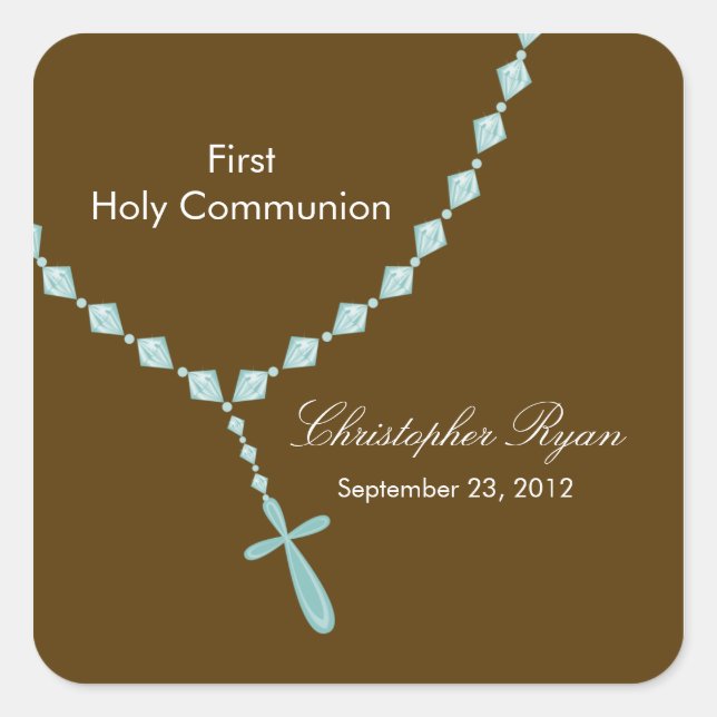 Rosary Beads Erste heilige Kommunion Blue Brown Quadratischer Aufkleber (Vorderseite)