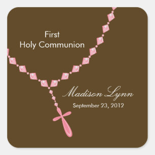 Rosary Beads Erste heilige Kommunion Pink Brown Quadratischer Aufkleber