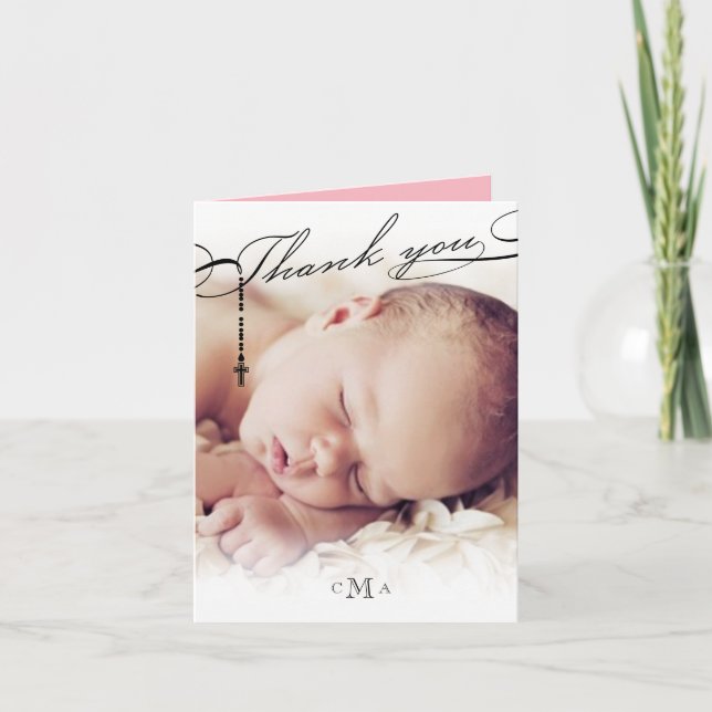 Rosary Cross Monogram Scripted Foto Religious Dankeskarte (Vorderseite)