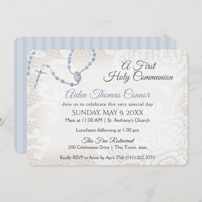 Rosary und Lace First Communion Blue Einladung (Vorne/Hinten)