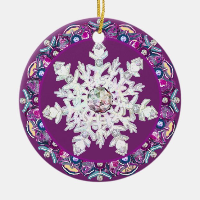 Rosass und Schneeflocke aus Kardinal Keramik Ornament (Vorne)