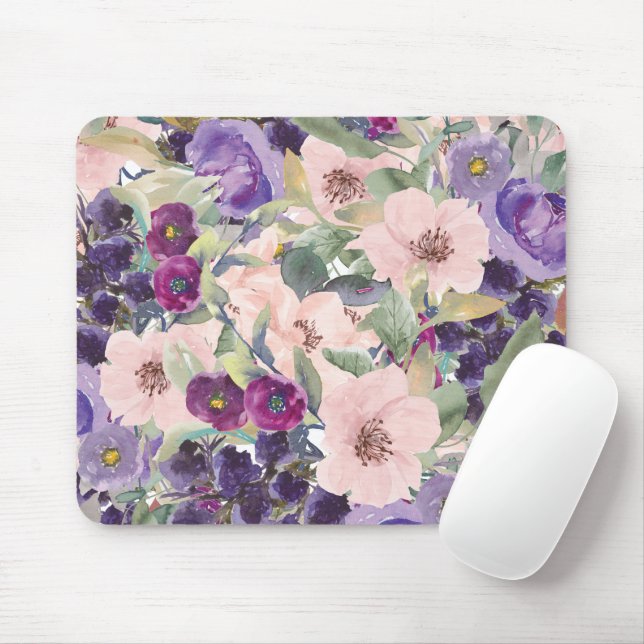 Rösch-pink-violette Wasserfarben-Blumen Mousepad (Mit Mouse)