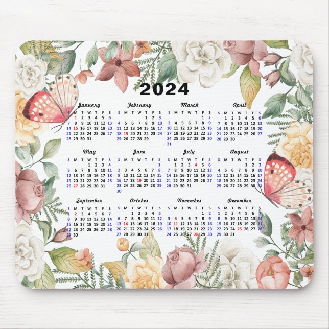 Rose 2024 Blumengrün Rosa Schmetterling Mousepad (Vorne)