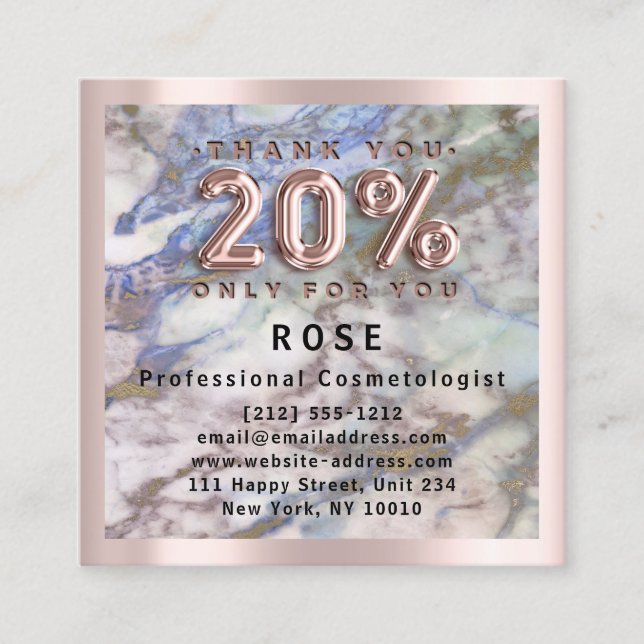 Rose 20 % Rabatt für Logo Hair Blue Pink Marmor Terminkarte (Vorderseite)