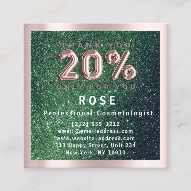 Rose 20 % Rabatt für Logohair Lash Glitzer Grün Terminkarte (Vorderseite)