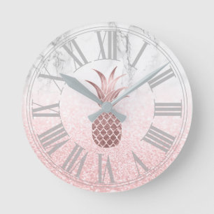 Rose Ananas+Schnee Bokeh+Marmor Runde Wanduhr