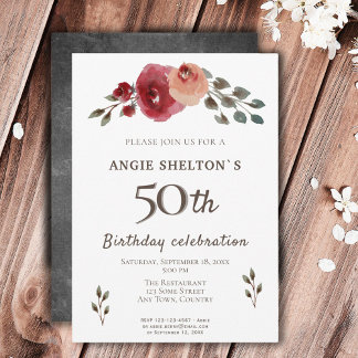 Rose Aquarell Blume Floral 50. Geburtstag Einladung