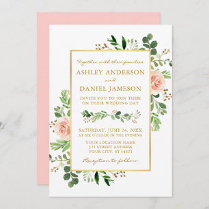 Rose Aquarell Grün Pink Blush Wedding Gold Einladung