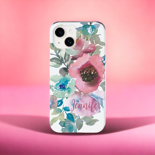 Rose Aquarellblume Rosa Tusty Blue Individuelle Na Case-Mate iPhone Hülle (Von Creator hochgeladen)