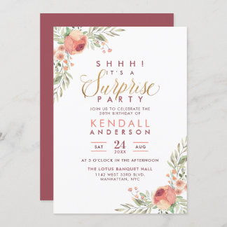 Rose Aquarellblume Überraschung Geburtstagsparty Einladung