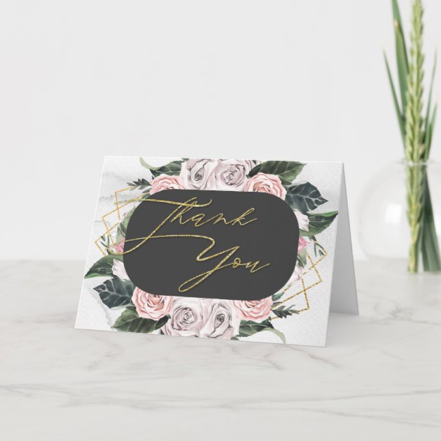 Rose Aquarellfarben Rosa und Gold Dankeskarte (Vorderseite)