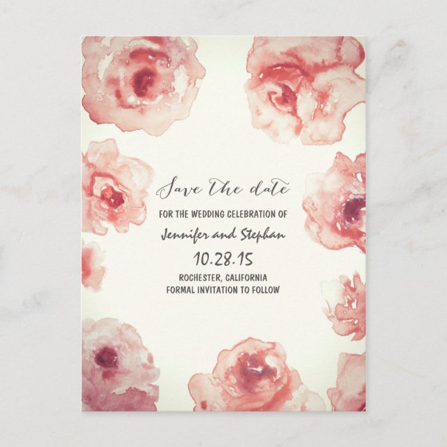 Rose Aquarellfarben Save the Date mit Blumenbemalu Ankündigungspostkarte (Vorderseite)