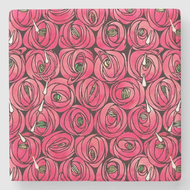 Rose Art Nouveau Rennie Macintosh Grafik Steinuntersetzer (Vorderseite)